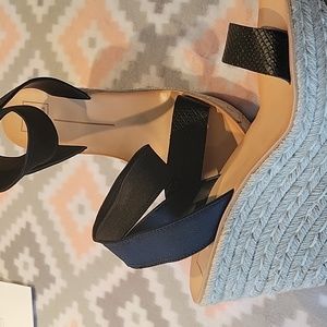 NIB black and tan 4 inch wedge sandals